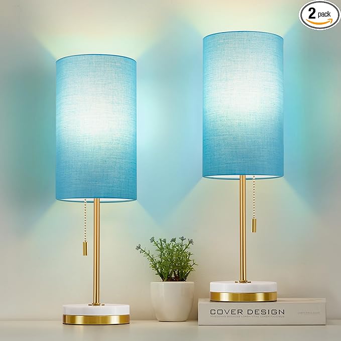 Luvkczc Minimalist Table Lamp Set of 2, Nightstand Lamp for Bedroom Living Room, Modern Pull Chain Bedside Lamp with Marble Base, Fabric Shade, Small Desk Lamp for Home, Office, Reading,Blue