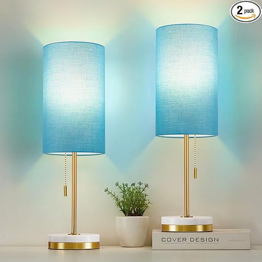 Luvkczc Minimalist Table Lamp Set of 2, Nightstand Lamp for Bedroom Living Room, Modern Pull Chain Bedside Lamp with Marble Base, Fabric Shade, Small Desk Lamp for Home, Office, Reading,Blue