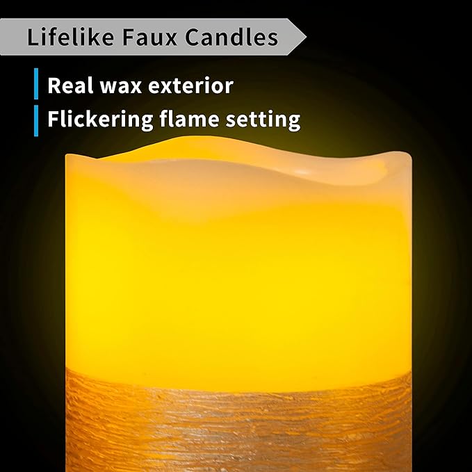 FURORA LIGHTING Gold Real Wax Trim Candles with Remote and Timer, Pack of 8 Pillar & Votive Candles, LED Flameless Flickering Candle for Home Décor, Battery Included