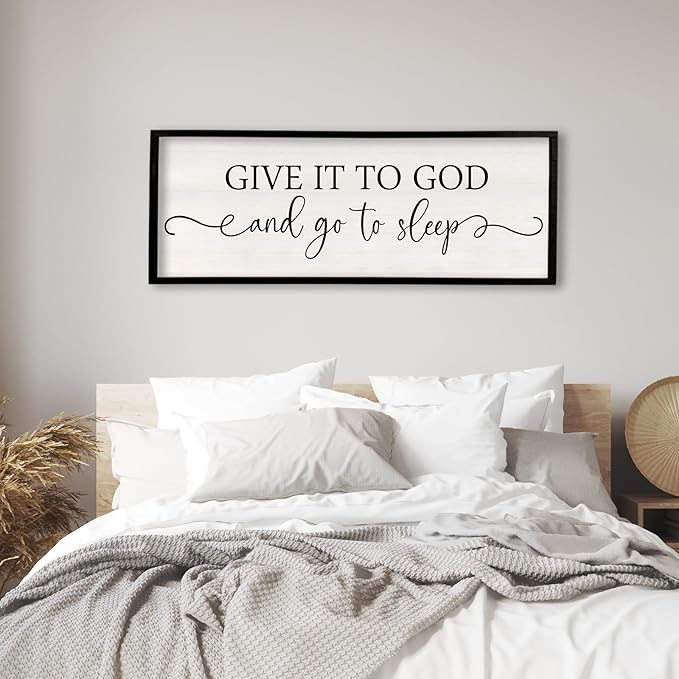 Surfapans Give It To God And Go To Sleep Sign Wall Decor Above Bed 40"x15" Master Bedroom Guest Room Over Bed Wood Rustic Framed Wall Art (Black)