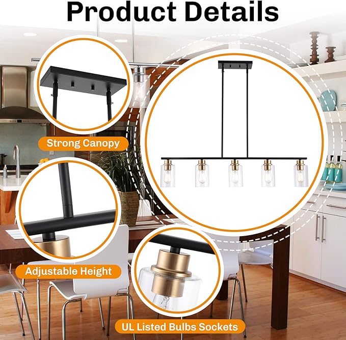 Kitchen Island Light, 5-Light Pendant Lighting, Farmhouse Industrial Dining Room Light Fixtures for Kitchen Island Dining Living Room, Matte Black Gold with Clear Glass Shade
