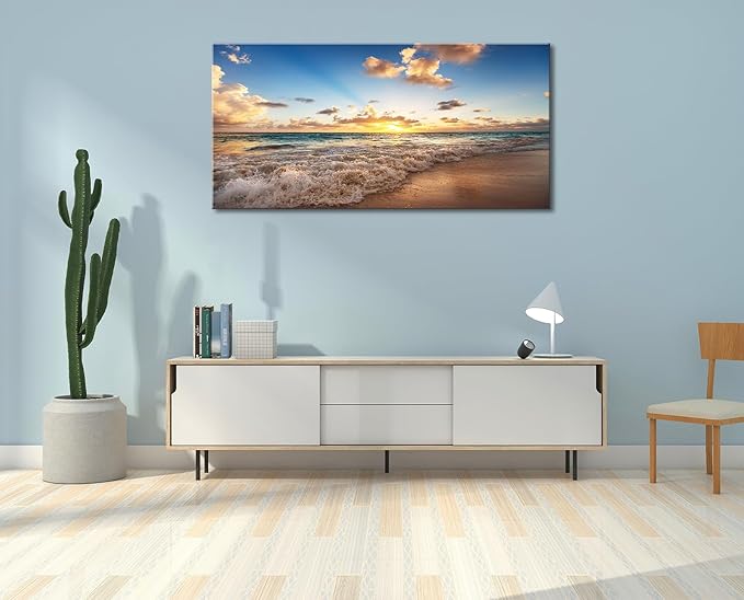 Large Beach Wall Art for Living Room Coastal Canvas Painting Decor - Sunrise Ocean Picture Nature Seascape Artwork Poster Print for Office Bedroom Decoration 24"x48"