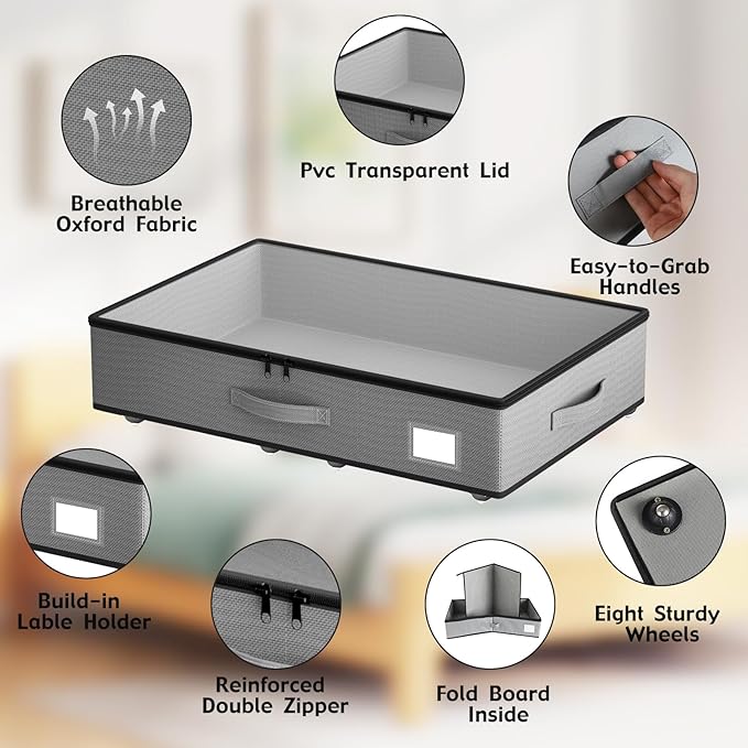 Under Bed Storage with Wheels, No Assemble Required 5.5 inches height grey under bed storage bins,Low Profile Rolling Under bed Shoe Storage containers，dorm under bed storage drawers