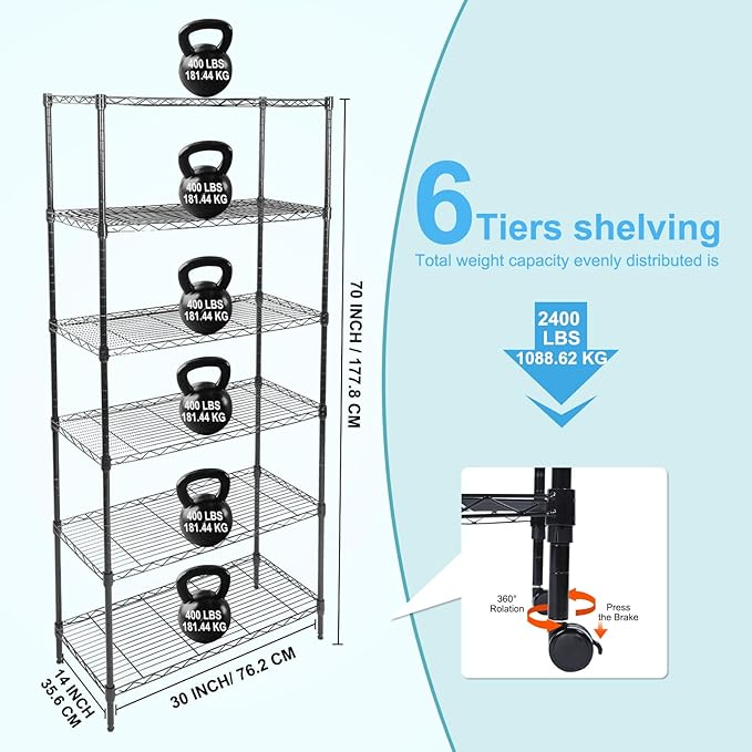 Whitmor 6 Tier Storage Shelves, Heavy Duty with Wheels, 400 lbs Capacity per Shelf, Max 2400 lbs Total, Adjustable Storage Units for Garage, Laundry, Plant, 30" L x 14" W x 70" H, Black