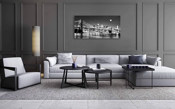 Baisuart-Q30350 Brooklyn Bridge Night View 1 Panels Landscape Artwork Canvas Prints Moon Night New York City Scene Picture Paintings Black and white Wall Art for Oiffce Home Decorations Wall Decor