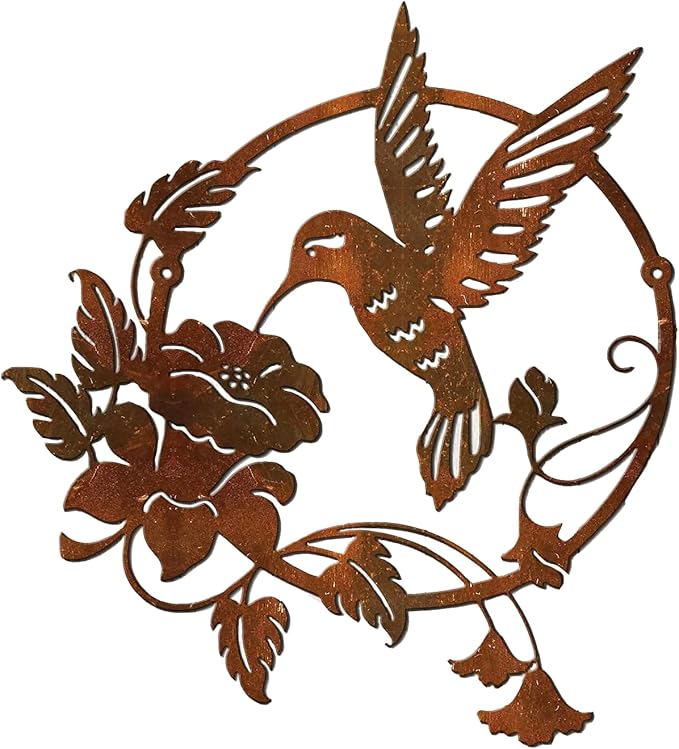 Zoihet Round Metal Bird Wall Art Decor - Hummingbird Wall Art Silhouette for your patio, garden, and fence Art Decor, Bird Wall Silhouette Indoor and Outdoor Hanging (Brown)