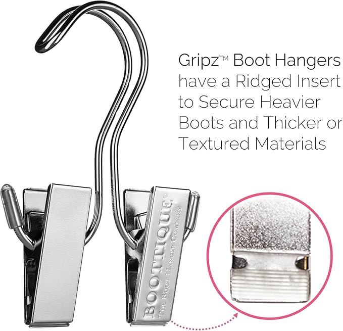 Boottique Boot Organizer: The Boot Rack - Fits in Most Closets- Hangs, Holds, Shapes, & Protects every size and style of Boots (Boot Rack with 6 Silver Gripz Hangers)