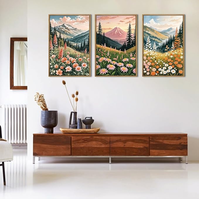 ANHUIB Colorful Landscape Wall Art 16x24 Inch Abstract Mountain Forest Wall Decor Wildflower Blossom Artwork Nature Scenery Painting Set of 3 for Living Room Bedroom Dining Room