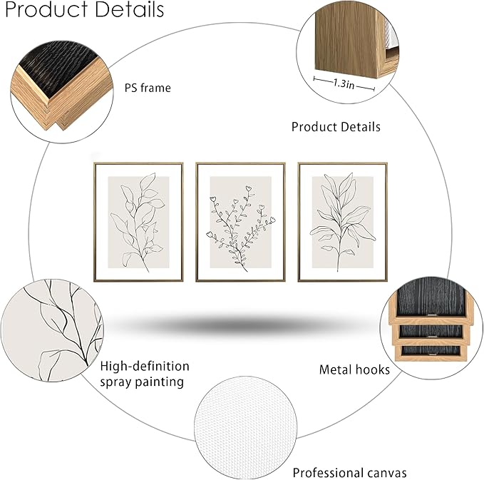 WRFON Neutral Botanical Canvas Wall Art, Minimalist Black Line Flower Poster Prints, Boho Beige Floral Wall Decor, Abstract Plant Leaf Aesthetic Picture for Bedroom Living Room Framed 12"x16"x3