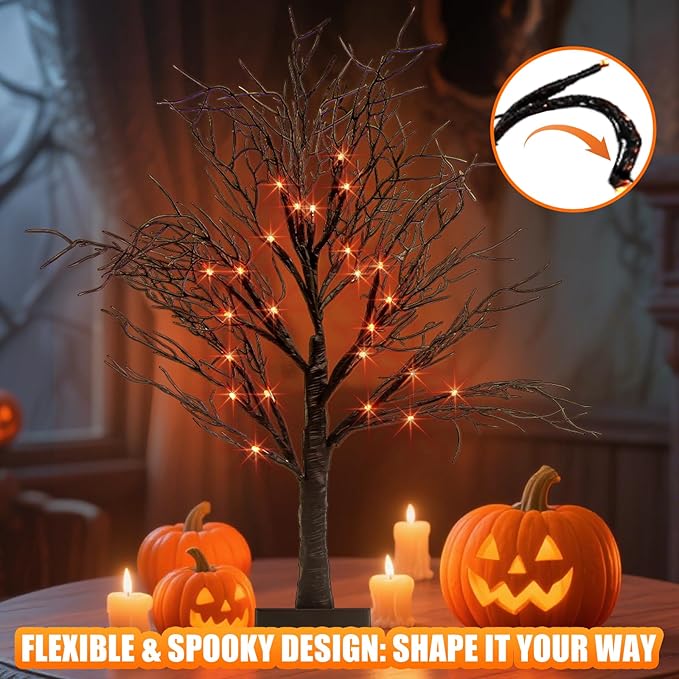 PEIDUO Halloween Decorations Indoor, Black Halloween Tree with 24 Dual-Color Orange & Purple Lights, Light Up Halloween Trees with Timer for Indoor Home Tabletop Desk Decor (2PK)