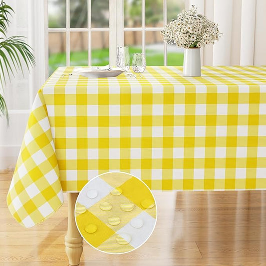 misaya Rectangle Waterproof Vinyl Table Cloth, Buffalo Flannel Backed Tablecloth, Wipeable Plastic Table Cover for Dinner, Kitchen, Outdoor (54" x 78", Yellow and White)
