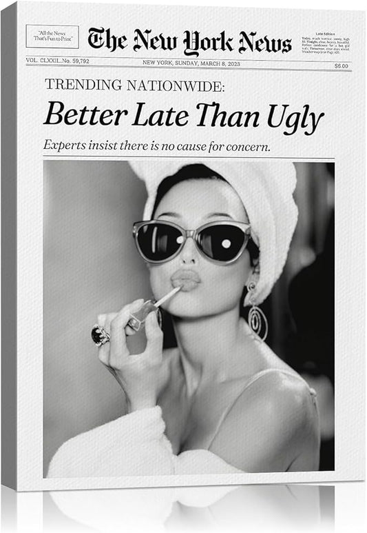 Audrey Hepburn Canvas Wall Art Canvas Wall Print 12x16, Better Late Than Ugly News paper Black and White Prints for Bedroom Decor Waterproof for Bathroom Vintage Gifts for Wall Decor Dorm Apartment