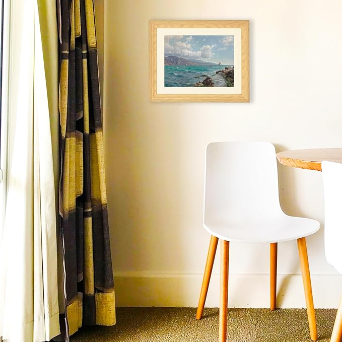 Brivoria Framed Canvas Wall Art Vintage Decor, Realistic Coastal Scene with Sailing Boats Rocky Coast and Blue Green Ocean Canvas Print with Mat for Entryway Living Room or Hallway Display 13x16