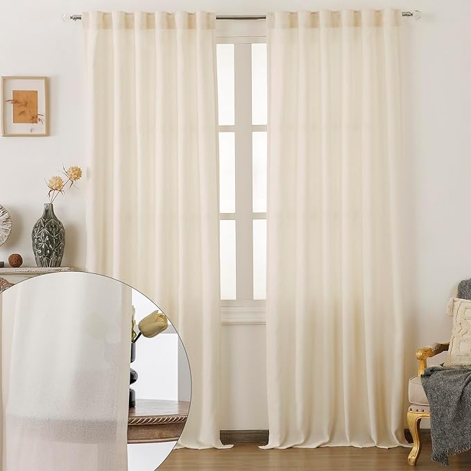 90 Inch Curtains Cream Thick Linen Semi Sheer Curtain Light Filtering Drapes Long 2 Panels Set Rod Pocket & Back Tab & Hooks Belt Window Treatments for Track System Boho Beige