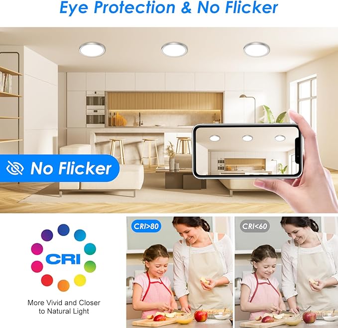 Peasur 7 Inch Satin Round Lighting Brushed Nickel, 15W LED Slim Flush Mount Ceiling Light,3000K/4000K/6500K Adjustable, Modern LED Ceiling Light for Bedroom, Living Room and Kitchen(2-Pack)