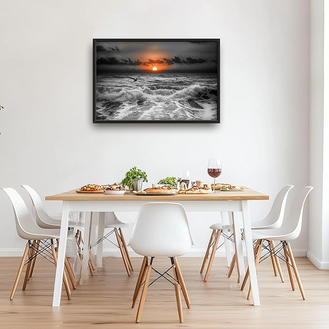 Flintis Large Ocean Sunset Framed Wall Art Beach Seagull Pictures Wall Decor Abstract Natural Landscape Canvas Painting Print Artworks Framed for Living Room Bathroom Master Bedroom 36L X 24W