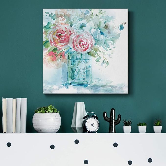 Wexford Home Square Premium Gallery Wrapped Canvas Flower Multicolor Wall Art Abstract Floral Romance Modern Pictures Print for Home Office, Ready to Hang, Sea & Glass I, 16x16