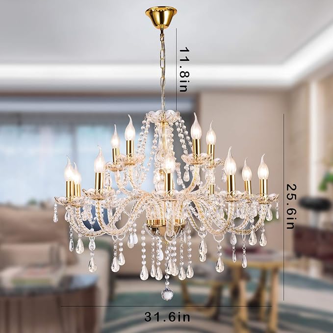 Panghuhu88 K9 Crystal Candle Chandeliers Lighting 15 Lights Pendant Ceiling Fixture Lamp for Dining Living Room Bedroom Hallway Entry Elegant Decoration (15 Bulbs)
