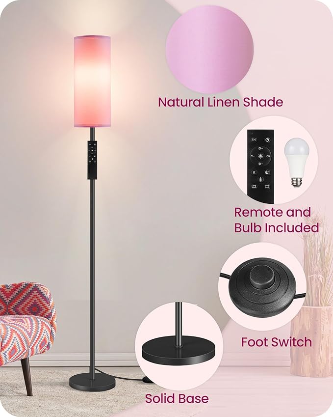 2 Pack Dimmable Pink Floor Lamps for Living Room with 2 Remotes and Foot Switch, Corner Floor Lamp, 64.4'' Standing Tall Lamp, 10W 900LM Bulb Included, 3000K-6500K, Linen Shade, FCC Listed P06LDP205W1