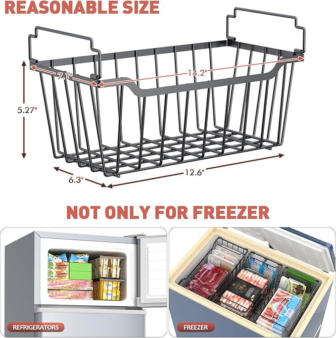 Goovilla Freezer Organizer Bins with Foldable Handle, 8 Pack Stackable Freezer Baskets for 3.5-7 Cu.FT Deep Chest Freezer Organization, Coated Metal Freezer Storage Bins with Better Space Utilization