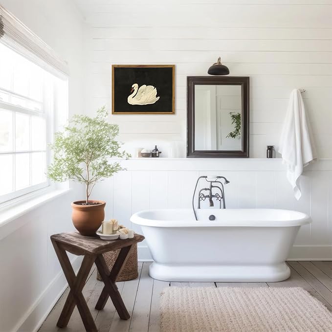 KBKBART Framed Canvas Wall Art for Living Room Bedroom Decor, Vintage Antique Swan Watercolor Canvas Painting, Rustic Bathroom Decor, Classical Swan Vintage Wall Art (9"x11")