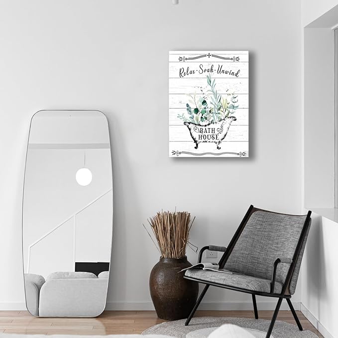 Floral Canvas Wall Art, Flowers Leaves Wall Decor, Rustic Wood Backdrop Bathroom Decor For Vintage Farmhouse Framed Canvas Artwork Ready to Hang 12x16inch