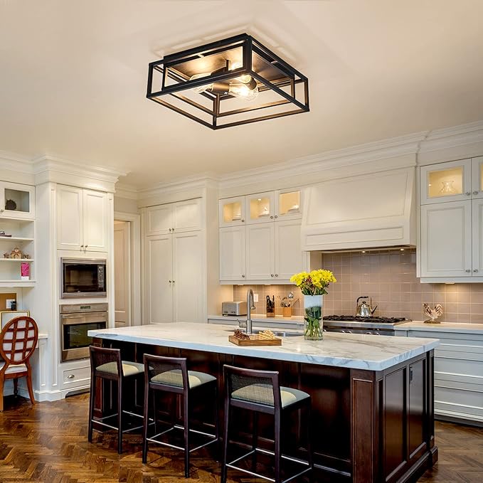 ZGLAOJT Black Flush Mount Ceiling Light Fixture，3-Light Industrial Metal Close to Ceiling Lights，Farmhouse Lighting for Hallway Bedroom Kitchen Dining Room