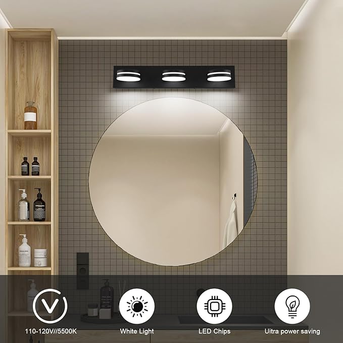 3-Light Bathroom Vanity Light Over Mirror, (24inch Dimmable) Matte Black LED Vanity Lighting Fixtures, Modern Bathroom Wall Light Fixtures with 360°Rotating Lamp Head (Cool White 5500K)