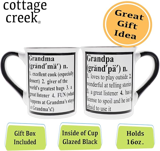 Cottage Creek Mugs - Set of Two 16oz. Large Ceramic Grandma Grandpa Coffee Cups - Ideal Stoneware Mugs for Kitchen, Office & Home Decor - Gifts for Grandparents, Women and Men