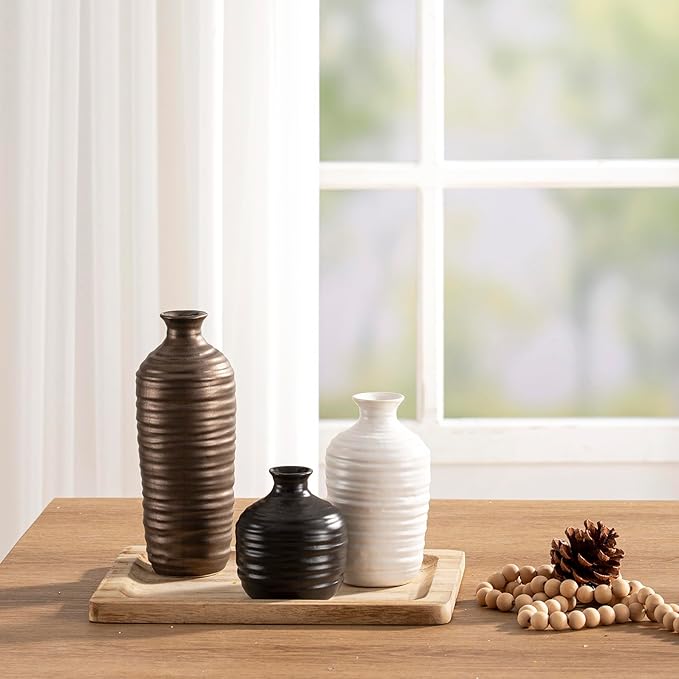 Ceramic Vase Set of 3 Neutral Decorative Vase for Farmhouse, Boho, or Rustic Home Decor Pottery Vases for Living Room Bathroom Table Mantel Fireplace Entryway Shelf (01-Metallic)