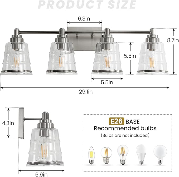 Brushed Nickel Bathroom Vanity Light Fixture, 4 Light Bathroom Light Fixtures Over Mirror with Clear lampshade and Metal Base Sconce,29.1 inch Modern Vanity Light for Bathroom(Exclude E26 Bulb)