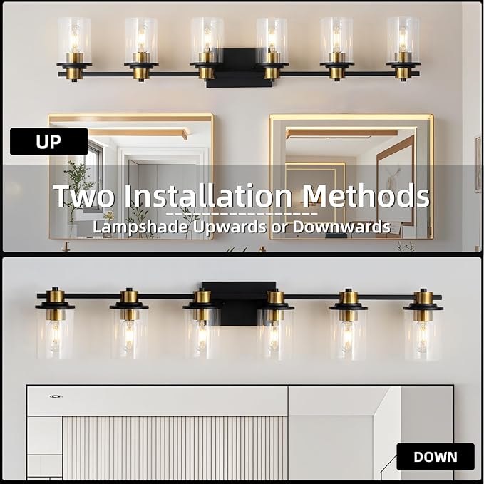 LOUSACE Bathroom Lighting Fixtures Black and Gold 6 Light Bathroom Vanity Light Over Mirror with Clear Glass Shades, Brushed Gold Socket Wall Vanity Lighting Fixtures for Bedroom Living Room