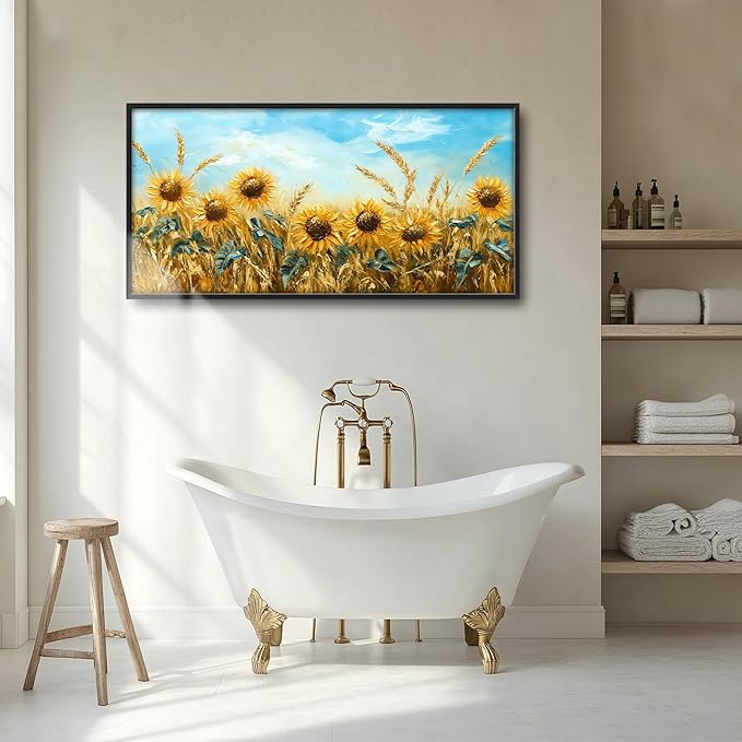 Olivine Large Wall Art, Sunflower Pictures Wall Decor, Sunflower Wheat Painting, Nature Landscape Canvas Prints, Framed Artwork for Living Room Bedroom Bathroom Office Home Decoration 60"x30"