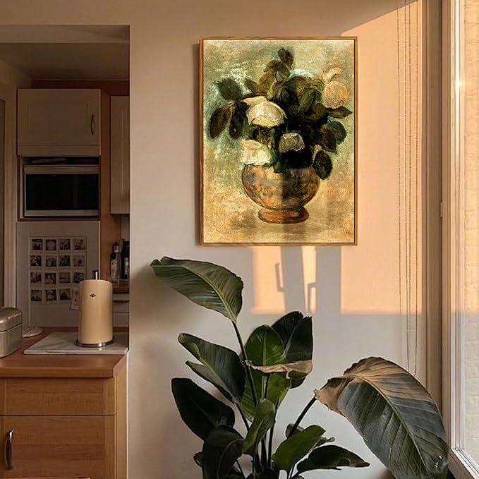 crmotu Vintage Framed Wall Art, White Rose Classical Oil Paintings, Botanical Floral Canvas Prints, French Country Aesthetic Pictures Wall Decor Living Room Bedroom Kitchen Office Farmhouse 12x16in
