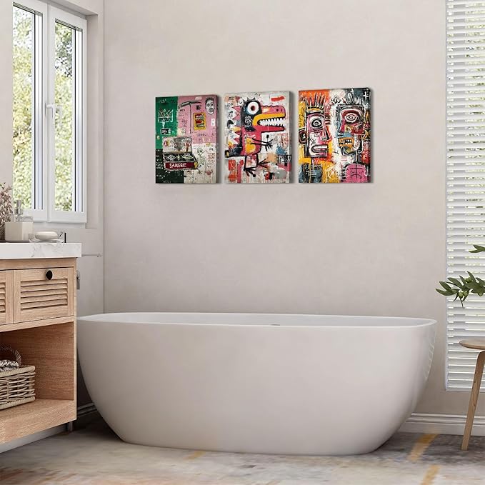 Jean Michel Basquiat Wall Art Set of 3 Framed Basquiat Posters Prints Pictures for Teens Bedroom Decor Graffiti Wall Decor Colorful Abstract Street Pop Art Paintings Artwork Home Decorations 12x16”