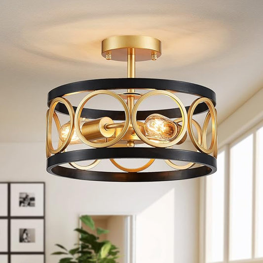 XINGQI 13" Modern Semi Flush Mount Ceiling Light Fixture, Black and Gold Drum Chandelier with Metal Shade Farmhouse Round Ceiling Lamp for Living Dining Room Bedroom