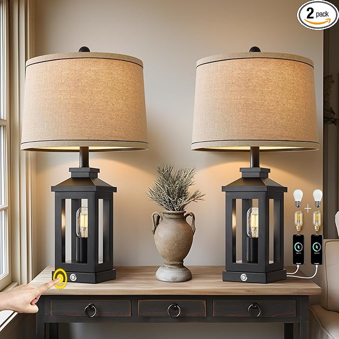 23.75" Retro Farmhouse Black Table Lamp for Living Room Bedroom Nightstand Set of 2 Touch Control Bedside Nightlight Vintage Modern Lamp with USB C+A Ports and 2 Light Sources