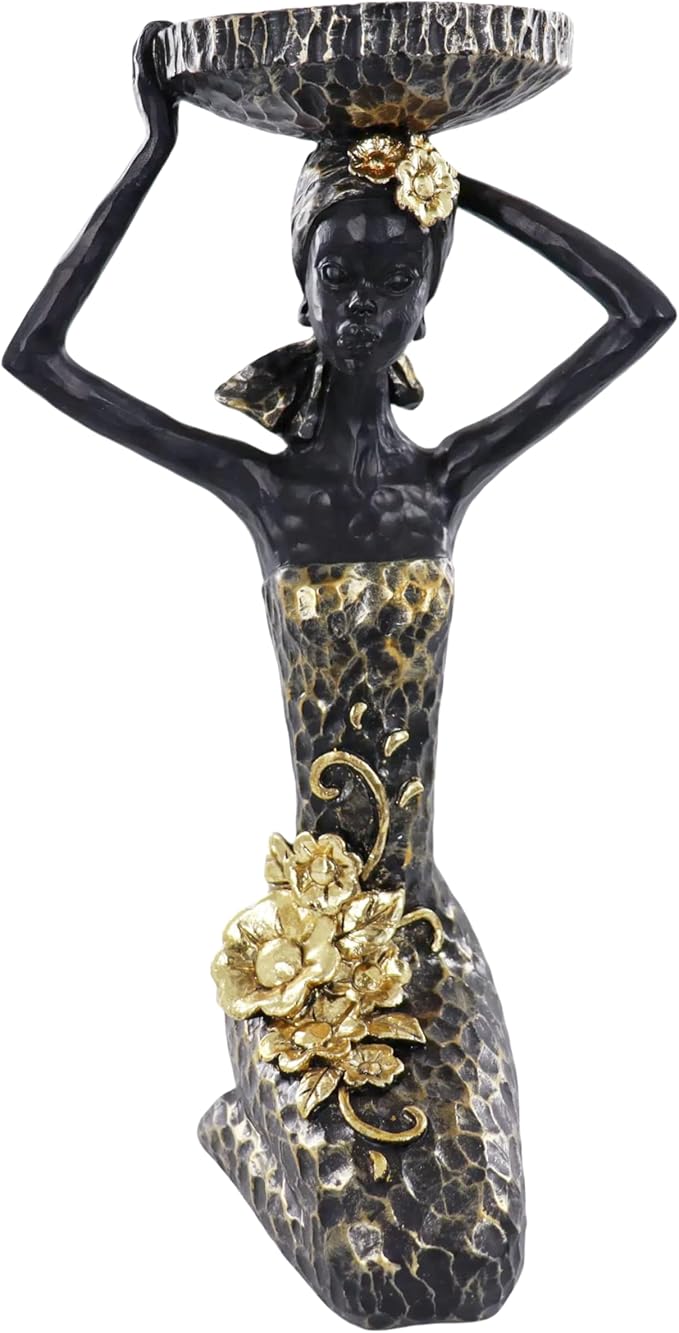 African Lady Figurine Candle Holder with African Tribal Totem for Wedding,Church,Holiday Decor-African Decorative Women Statues, Candlestick Holder for Home and Table Decor(404-Black)