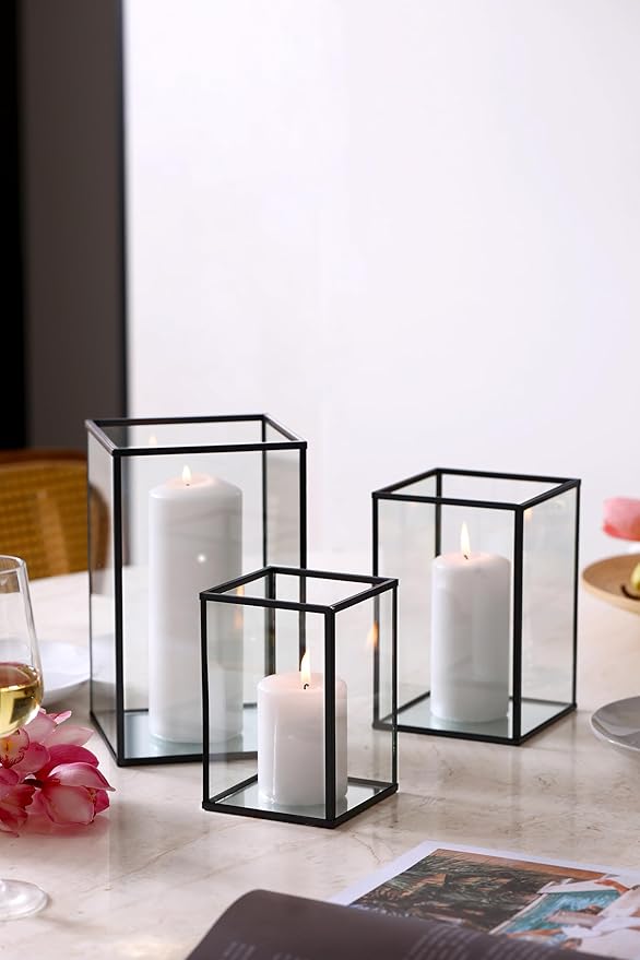 yshengood Hurricane Candle Holder 6 PCS, Black Glass Candle Holder Square Hurricane Candle Centerpieces for Tables Decorativ, Wedding, Thankgiving