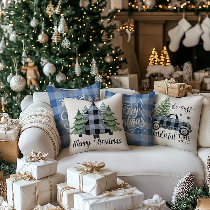 GEEORY Merry Christmas Throw Pillow Covers 18x18 Inch Set of 4, Xmas Trees Truck Blue Buffalo Plaid Believe Farmhouse Decorative Cushion Cases for Home Decoration G594-18