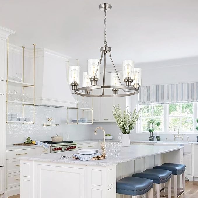 MELUCEE 6 Lights Round Chandelier Brushed Nickel Island Lighting Dining Room Lighting Fixtures Hanging Glass Pendant Light for Kitchen Living Room Bedroom