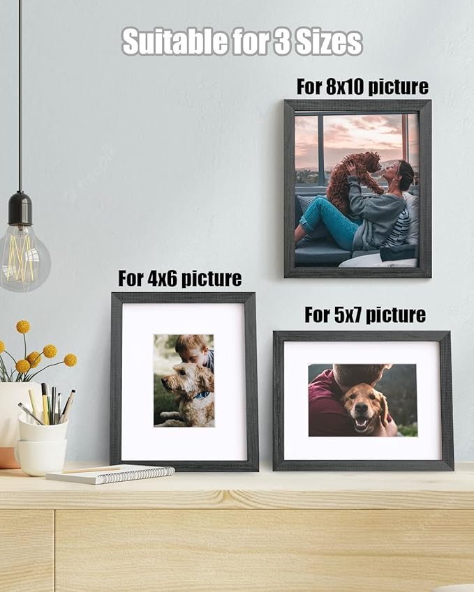 Egofine 8x10 Picture Frames Set of 4, Made of Solid Wood Covered by Plexiglass 4x6 and 5x7 with Mat or 8x10 without Mat, for Table Top Display and Wall Mounting Photo Frame Rustic Black