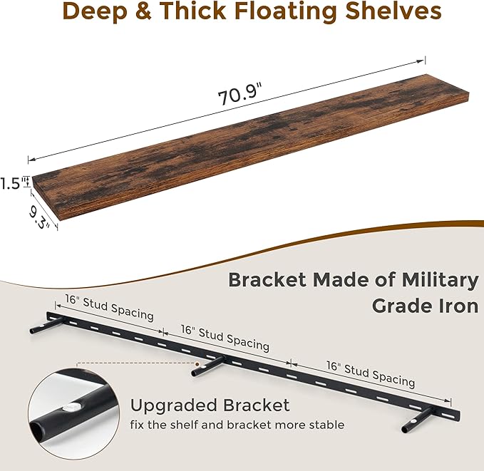 72 Inch Floating Shelves, 72 x 9.3 Rustic Wooden Fireplace Mantel, 9.3 Inch Floating Shelf for Wall, Farmhouse Wall Shelves for Home Storage & Display, Rustic Brown Color, Set of 1