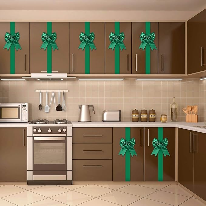 WILLBOND 4 Pieces Green Christmas Cabinet Ribbons Bows Large Bow Christmas Door Kitchen Cabinet Ribbon Bows Locker for Xmas Holidays Party Decorations Supplies