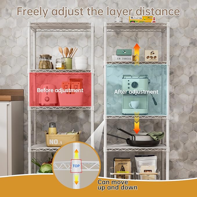 SINGAYE 5 Small Wire Shelves Kitchen Pantry Close Home Organizers and Storage Bathroom Shelf Laundry Room Organization Adjustable Book Metal Garage Shelving Unit