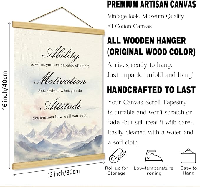 Inspirational Canvas Poster,Ability is What You're Capable of Doing, Canvas Poster Wood Hanger, Motivational Home Office Decor,Classroom Decor,Positive Mindset Canvass Banner, Farmhouse Hanging Decors