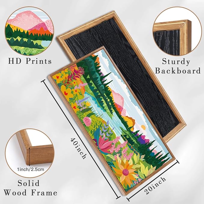 ANHUIB Large Colorful Wall Art 20x40 Inch Framed Abstract Floral Wall Decor Forest Woodland Painting Muticolor Mountain Range Illustration for Living Room Dining Room Bedroom