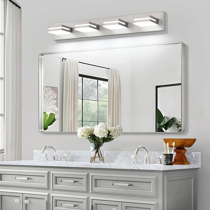 SineRise LED Modern Bathroom Vanity Light Fixtures (4-Light, 30-Inch), Brushed Nickel Modern Acrylic Bathroom Wall Lighting Fixtures Over Mirror (Cool White 6000K)