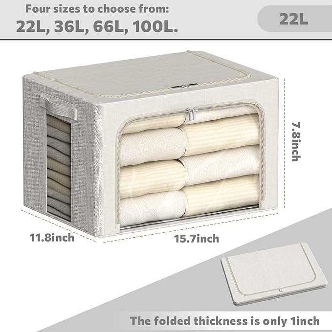 2 Pack Clear Window Storage Bins Large Stackable Linen Fabric Storage for Clothes Foldable Container Organizer Set with Carrying Handles (Lvory White, 15.7x 11.8x 7.8Inch)