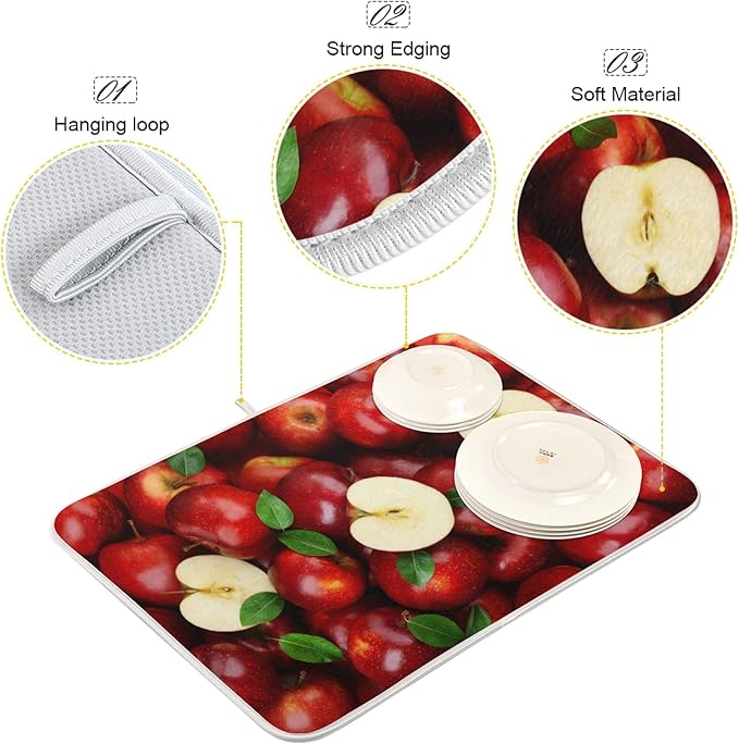 Leaves Red Apples Dish Drying Mat 16 X 18 Inch Natural Fresh Fruits Dry Dishes Pads Tableware Mats Absorbent Microfiber Protector for Kitchen Countertops Counter Home Decorations